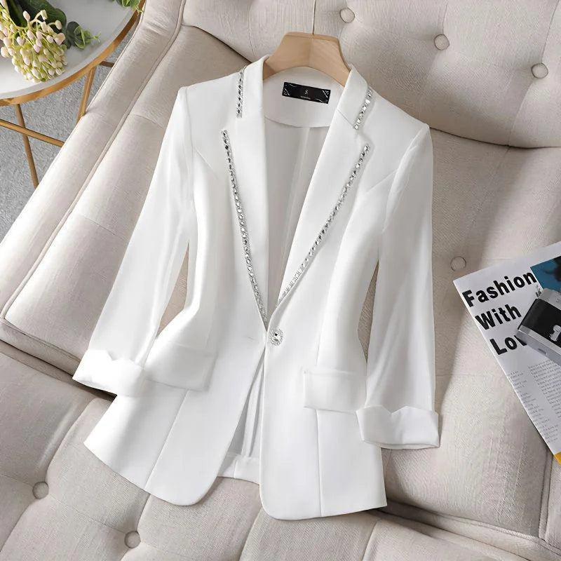 2024 New Summer Women's Blazer Diamond-Encrusted Sunscreen Jacket White Suit Jacket Women Fashion Thin Blazer  Ladies  Tops5XL