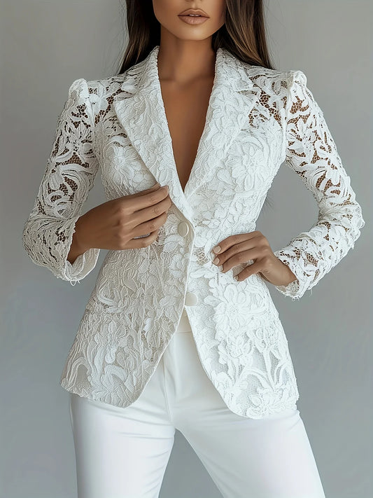 Elegant Lace-Trimmed Women's Single-Breasted Notch Lapel Blazer Jacket - White H-Silhouette Machine-Washable Spring/Summer Light