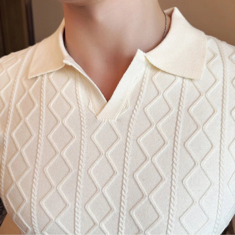 2025 Spring Summer New Men's Polo Collar Slim Fit Jacquard Knit Sweater - Stylish Base Layer in Beige, Brown, Gray & Black