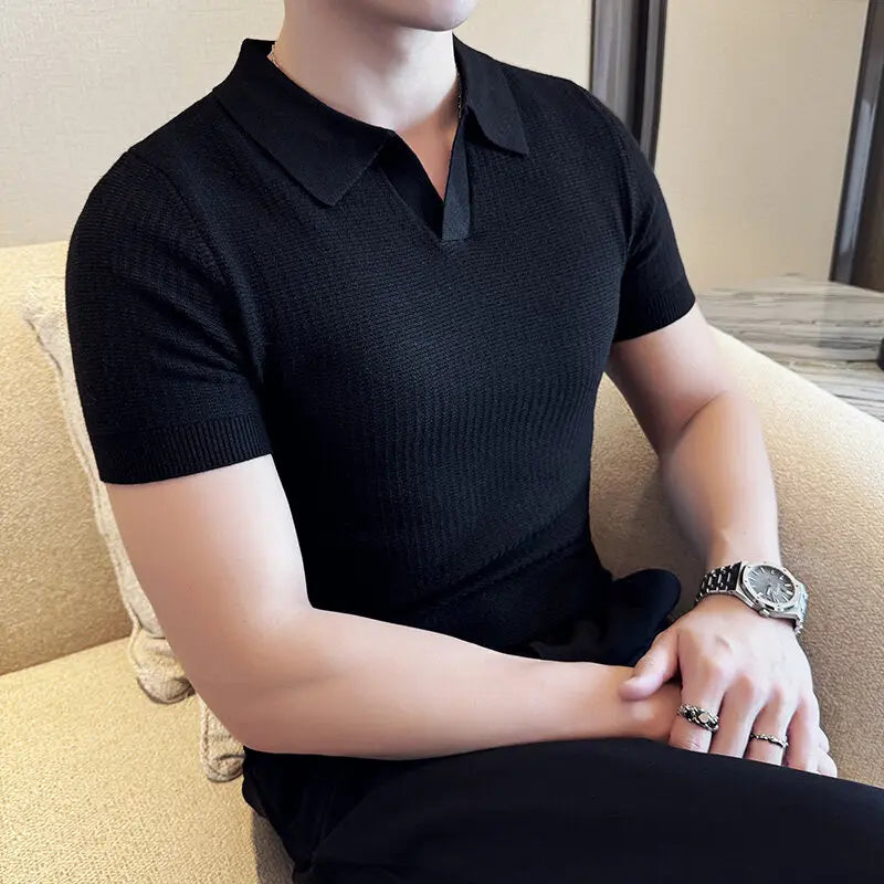 Men's Slim Fit Polo Collar Jacquard Knit Sweater - Beige, Gray, Brown  Black, Modern Base Layer for Casual & Formal Wear T-shirt