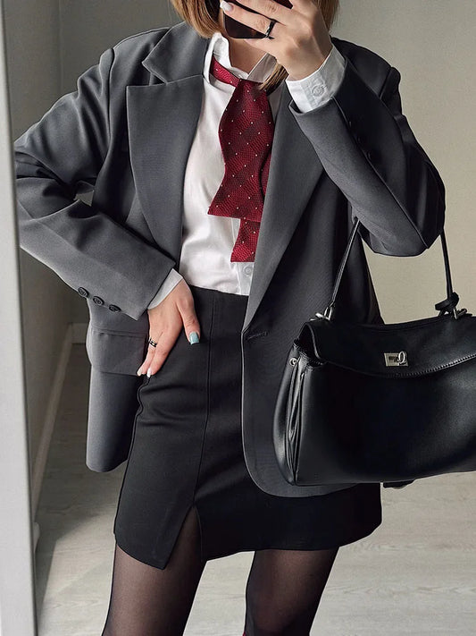 Women Blazers Grey Autumn Outerwears Office Jackets Ladies Coat Long Sleeve Pockets Black Blazers For Women Casual Long Jackets