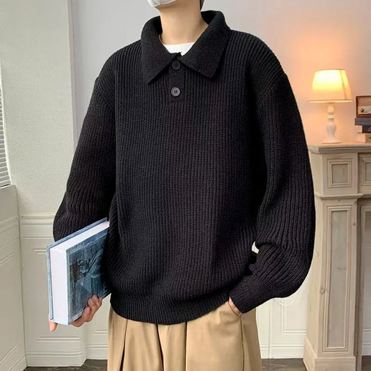 Autumn and winter lapel sweater men's loose and trendy Hong Kong style versatile long sleeved solid color lapel sweater top jack