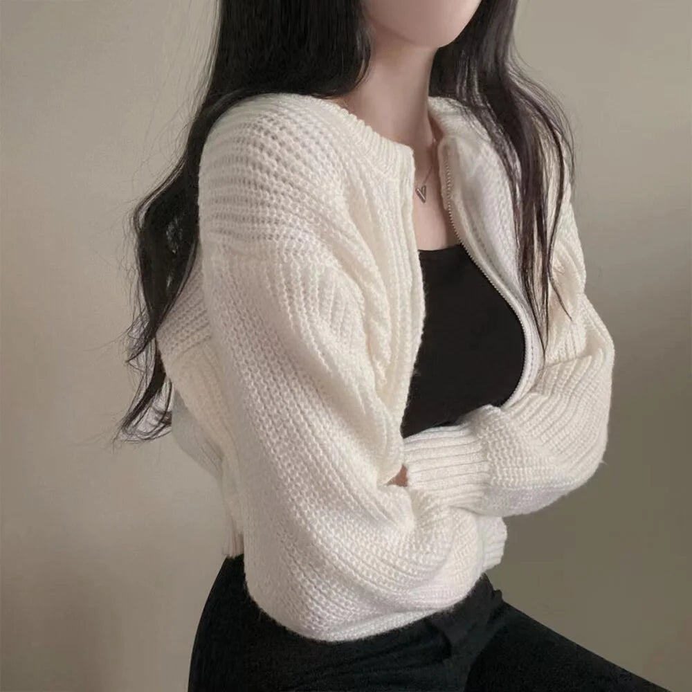 Short Sweater Zipper O-neck Knitted Cardigan Coat Casual Basic Solid Black Women Clothes Winter All-match Thick 2024 Lady Trend