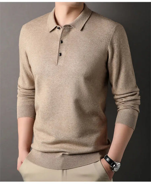 Male Polo Shirt Soft Lightweight Warm Knitted Luxury Simple Button Up Pullover 2025 Lapels Comfortable Business Sweater Clothing