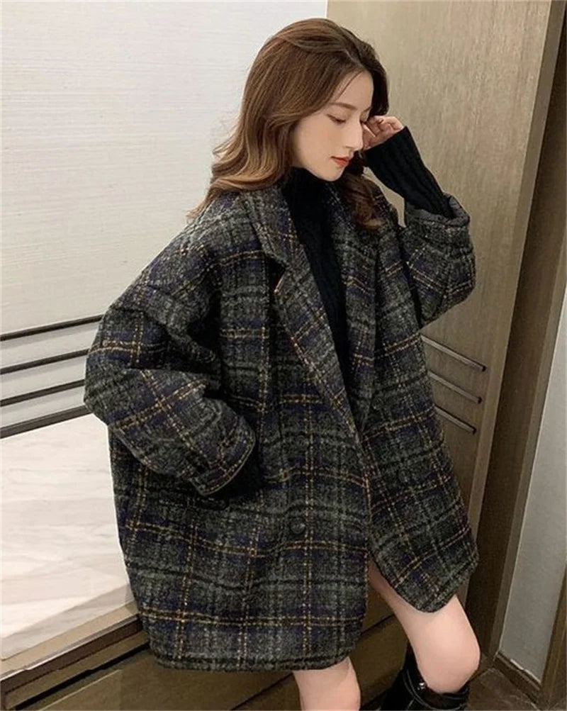 Spring Autumn Ladies Woollen Coat Korean Female Medium Long Styles Blazer Top Women Fashion Loose Plaid Wool Blend Suit Jacket