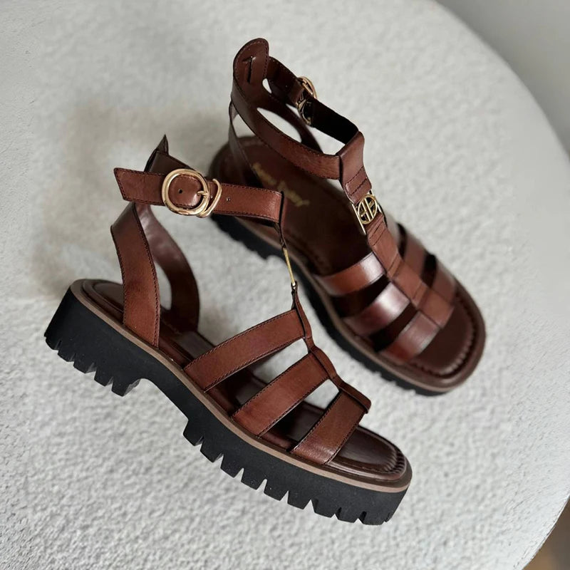 BeauToday Gladiator Sandals Women Genuine Leather Round Toe Ankle Metal Buckle Platform Summer Ladies Shoes Handmade 38215