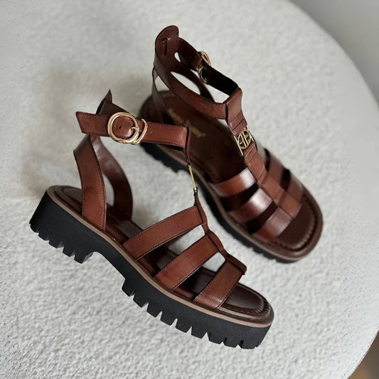 BeauToday Gladiator Sandals Women Genuine Leather Round Toe Ankle Metal Buckle Platform Summer Ladies Shoes Handmade 38215