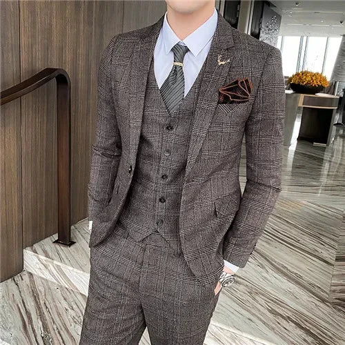 Men's Suit 3 Piece, Business Casual Jacket Vest with Trousers, Gray Dark Brown Slim Fit Suit, Asian Size M-5XL