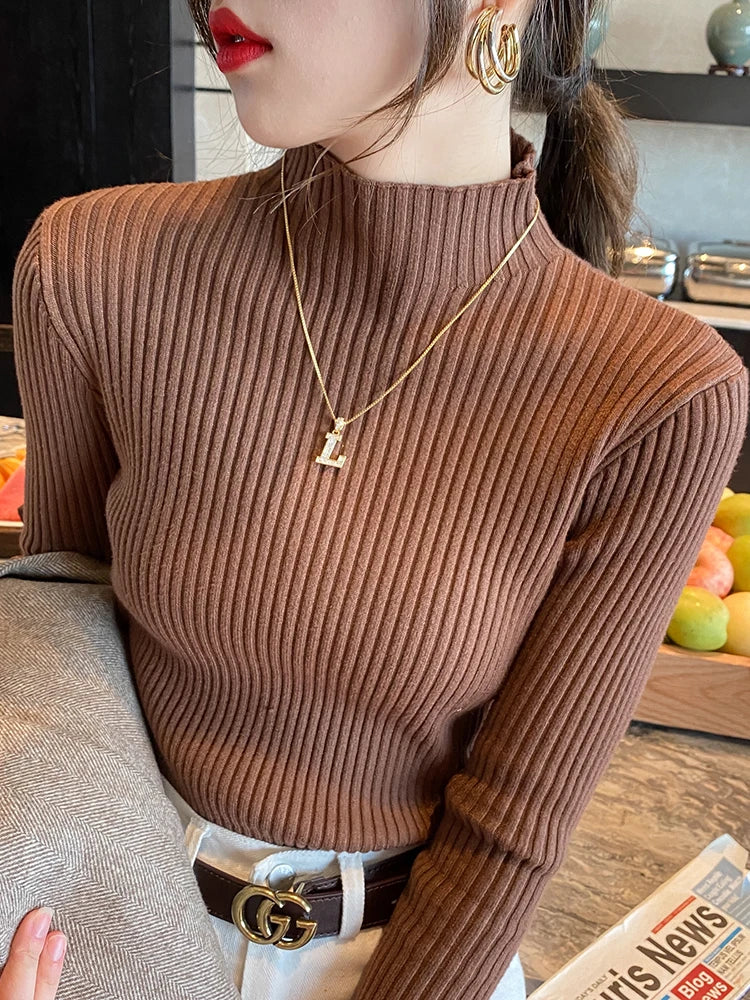 2025 Women Turtlneck Sweater Long Sleeve Casual Pullovers Elegant Solid Basic Knitted Tops Korean Fashion Simple Chic Clothes