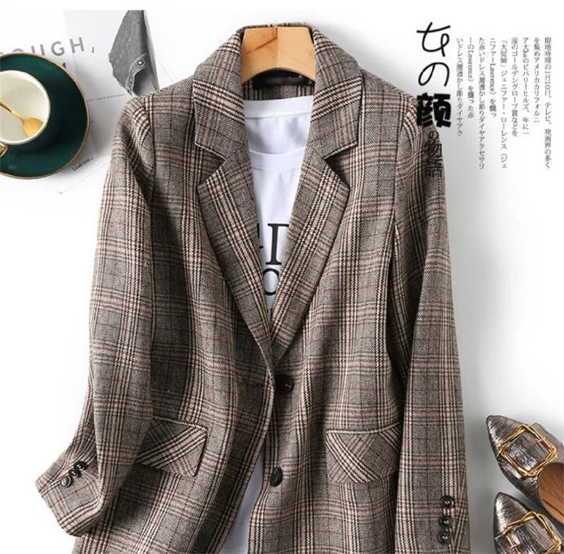 2025 Fashion Spring Autumn Plaid Suit Jacket Women Casual Blazers Small Coat Lady Outerwear Loose Tops Female Lattice Blazers