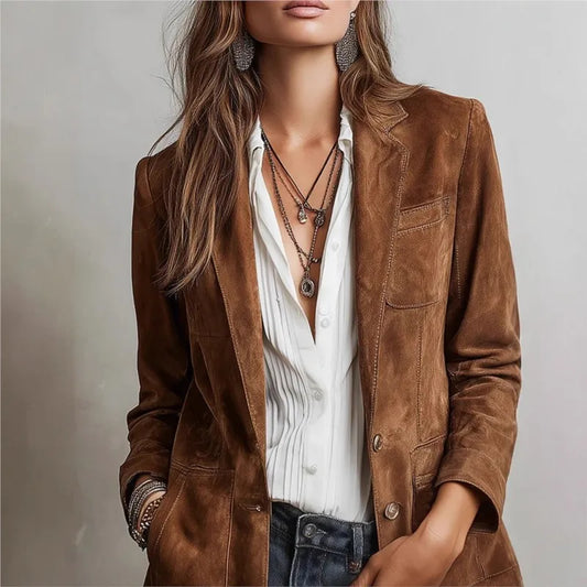 Retro Suede lapel pocket single breasted long sleeved solid color jacket for spring and autumn women's elegant temperament coat
