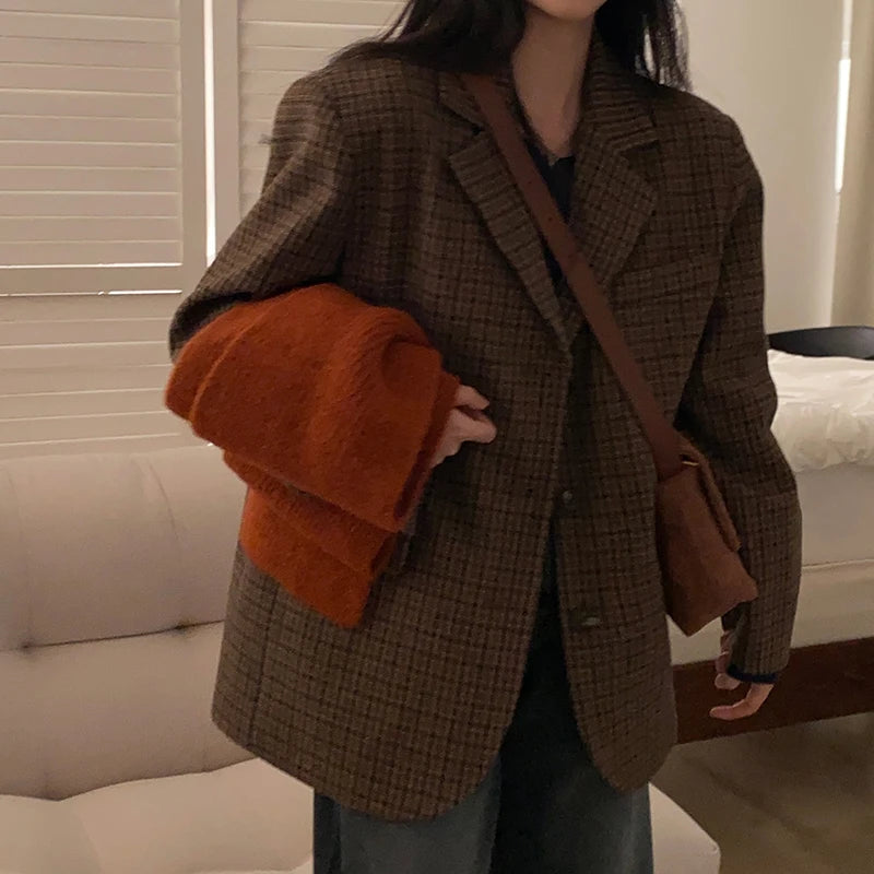 Vintage Plaid Women Blazers Japanese Autumn Winter Casual Office Lady Suit Jacket Female Retro Button Small Fragrance Outwear