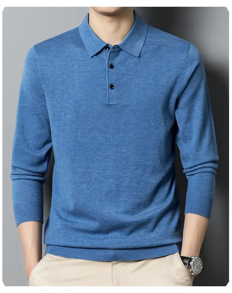 Men's Autumn Long-Sleeved Wool Blend Solid Color Polo Pullover Sweater with Lapel, Casual Bottoming Sweater -Sizes M-4XL