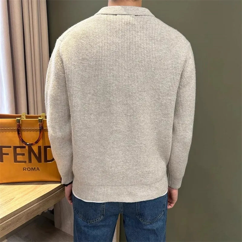 Mens Knit Sweater Autumn Winter Pullover Korean Soft Heavyweight Knit Polo Sweaters Minimalist Long Sleeve Solid Casual Top