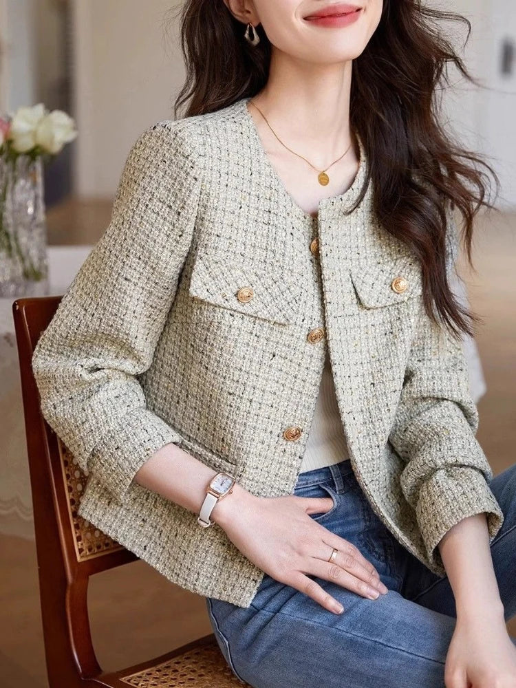Trendy Women's Green Vintage Short Jacket Spring Autumn Fashionable Slim Fit Design with Noble Style