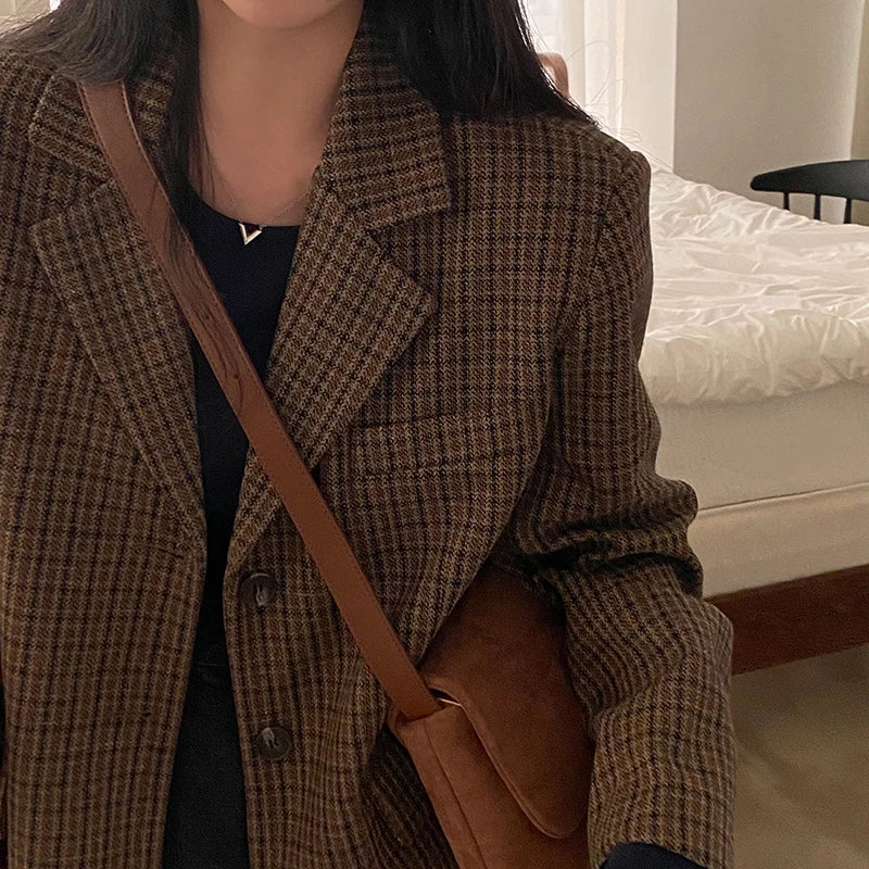 Vintage Plaid Women Blazers Japanese Autumn Winter Casual Office Lady Suit Jacket Female Retro Button Small Fragrance Outwear
