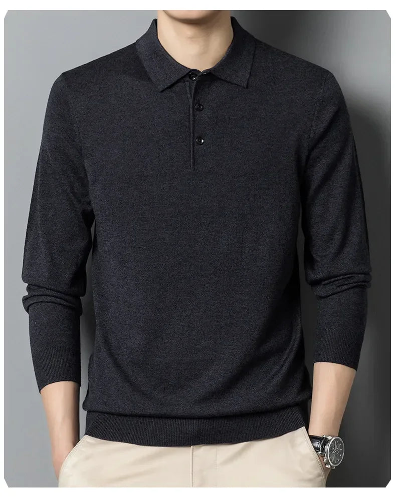 Men's Autumn Long-Sleeved Wool Blend Solid Color Polo Pullover Sweater with Lapel, Casual Bottoming Sweater -Sizes M-4XL