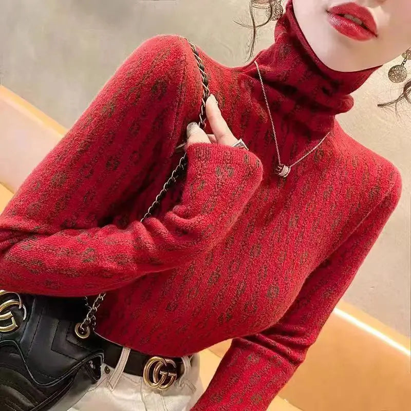 Winter Clothes Women Korean Fashion Luxury High Collar Basic Knitted Sweater Elegant Chic Long Sleeve Slim Pullover Tops Jumpers