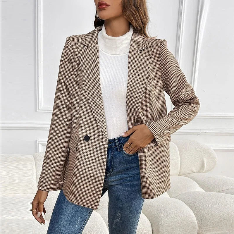 Vintage Double Breasted Office Ladies Plaid Blazer 2025 Pockets Loose Houndstooth Retro Suit Coat Jacket Women Blazers Female