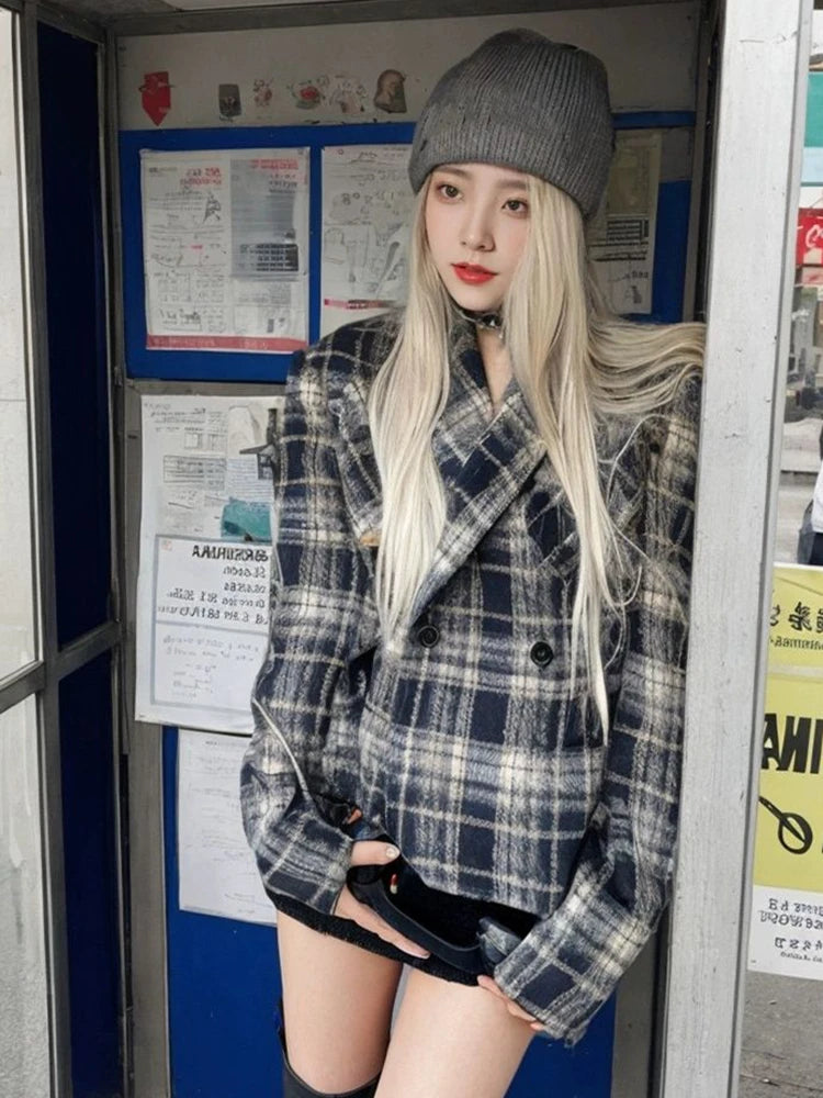 Women Vintage Plaid Blazers Long Sleeve Button Slim Fit Office Lady Suit Jacket American Retro Streetwear Casual Woolen Coats