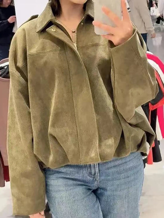 Vintage Women Green Oversize Bomber Jackets 2025 Fashion Ladies Elegant Loose Soft Outfits Jacket for Party Female Chic Clothes