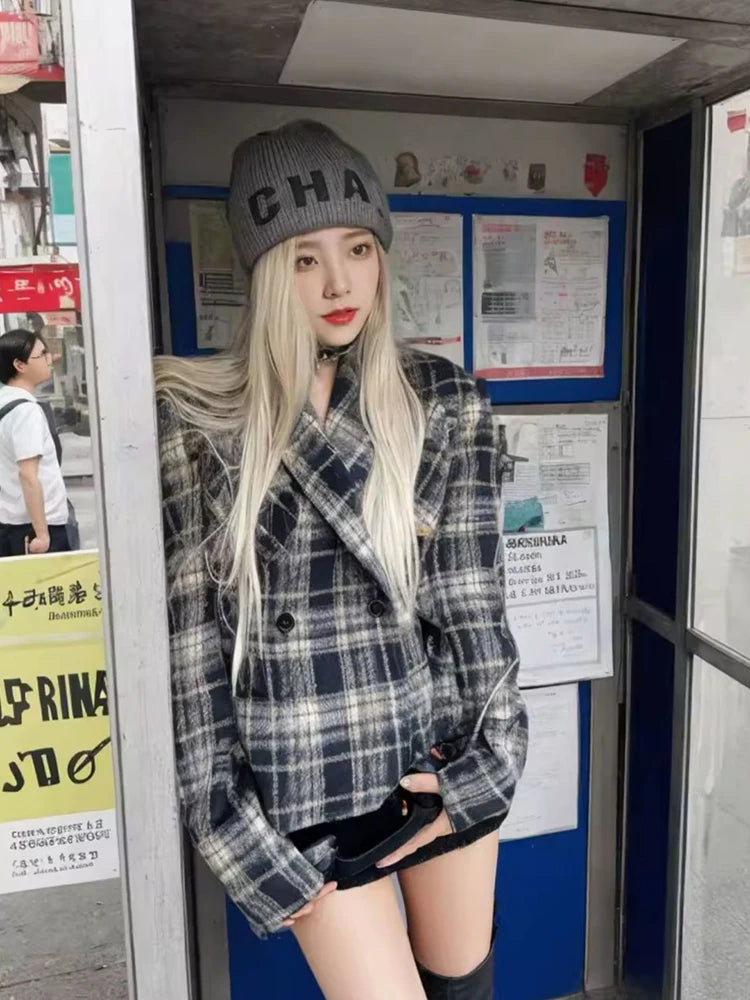 Women Vintage Plaid Blazers Long Sleeve Button Slim Fit Office Lady Suit Jacket American Retro Streetwear Casual Woolen Coats