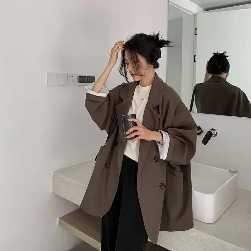 2025Autumn new vintage solid loose women suit  blazer  chic double breasted womenlong sleeve suit jackets clothes