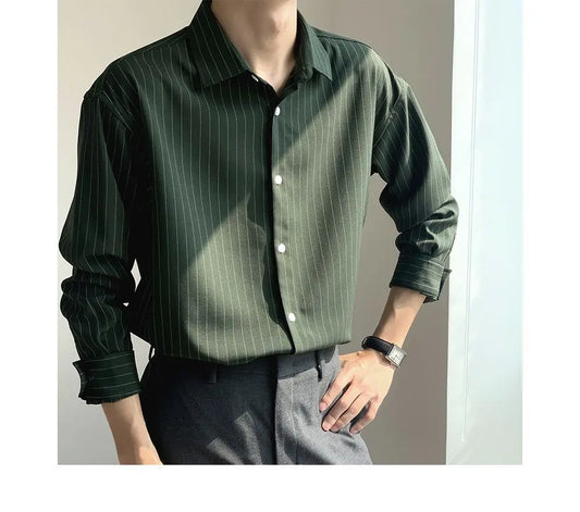 2023 New Korean Fashion Autumn Shirts Men Business Casual Neat Capable Hipster Street England Style Elegant Stripe Clothes Top