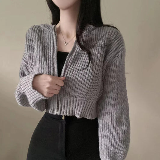 Short Sweater Zipper O-neck Knitted Cardigan Coat Casual Basic Solid Black Women Clothes Winter All-match Thick 2024 Lady Trend