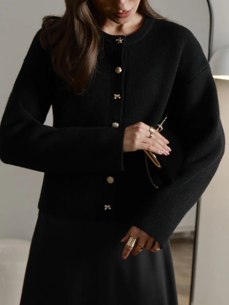 DGLUKE Red Cardigan Sweaters For Women Crewneck Button Down Sweater Winter Knitted Cardigans Black Cropped Jacket Knitwear