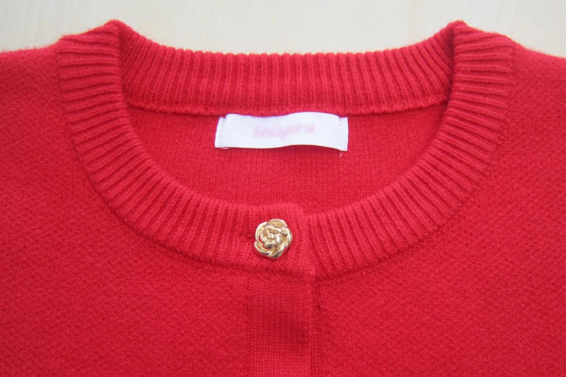 DGLUKE Red Cardigan Sweaters For Women Crewneck Button Down Sweater Winter Knitted Cardigans Black Cropped Jacket Knitwear