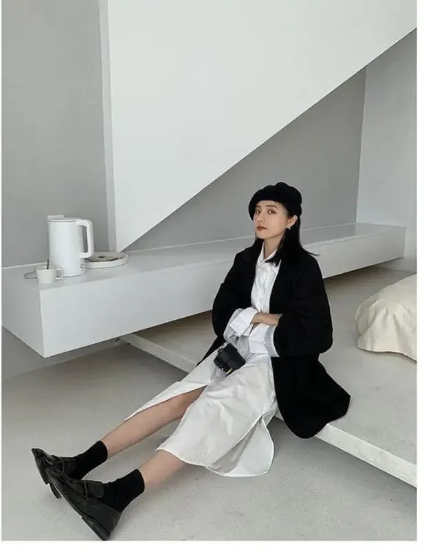 2025Autumn new vintage solid loose women suit  blazer  chic double breasted womenlong sleeve suit jackets clothes