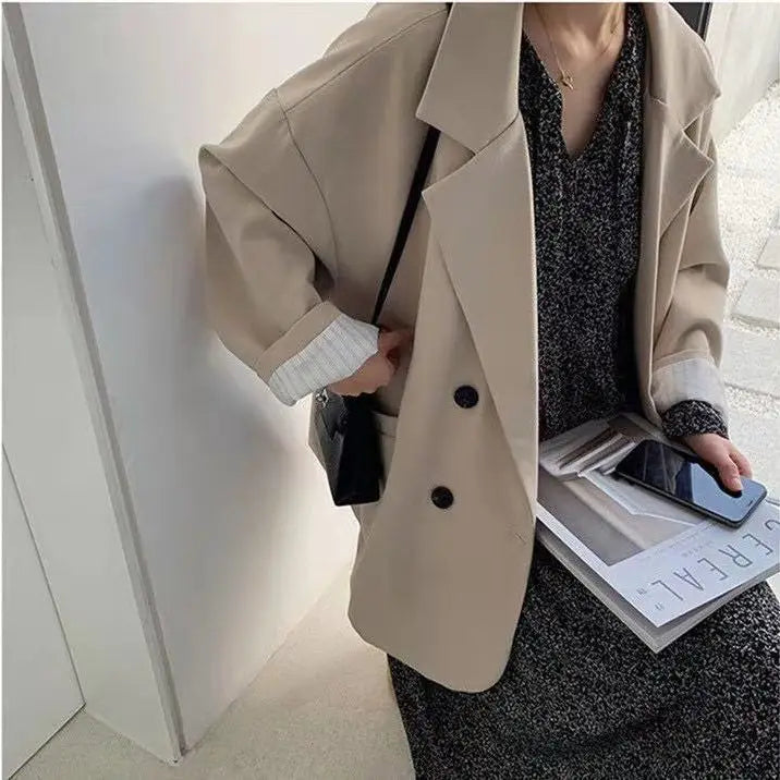 2025Autumn new vintage solid loose women suit  blazer  chic double breasted womenlong sleeve suit jackets clothes