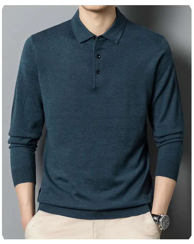 Men's Autumn Long-Sleeved Wool Blend Solid Color Polo Pullover Sweater with Lapel, Casual Bottoming Sweater -Sizes M-4XL