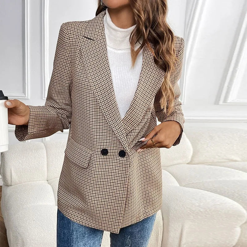 Vintage Double Breasted Office Ladies Plaid Blazer 2025 Pockets Loose Houndstooth Retro Suit Coat Jacket Women Blazers Female