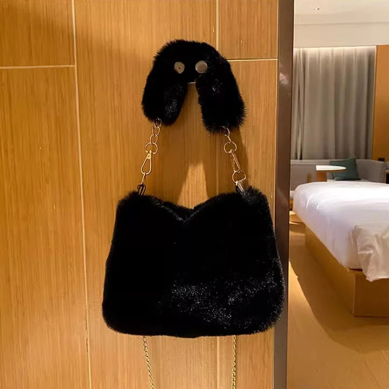 Plush Faux Fur Tote Bag for Women Winter Shoulder Bag Casual Fluffy Crossbody Bags Fashion Chain Handbag Girls Soft Purse
