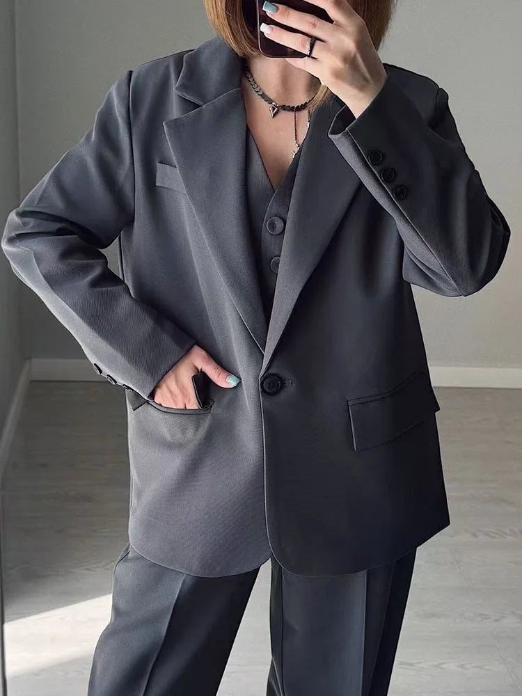Women Blazers Grey Autumn Outerwears Office Jackets Ladies Coat Long Sleeve Pockets Black Blazers For Women Casual Long Jackets