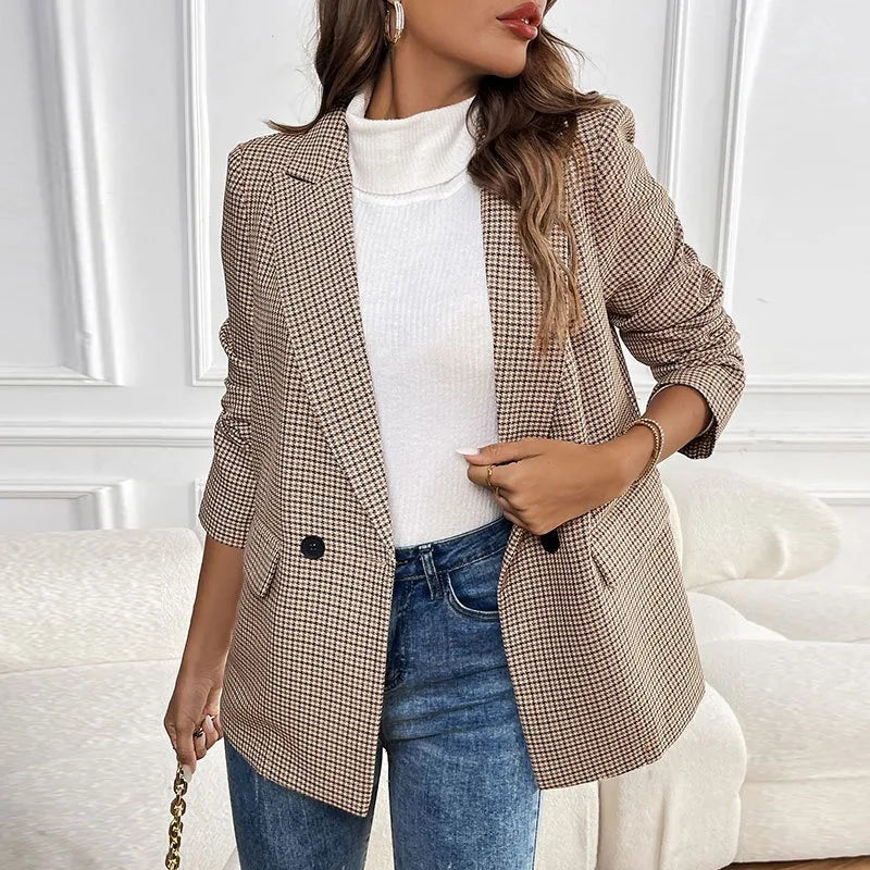 Vintage Double Breasted Office Ladies Plaid Blazer 2025 Pockets Loose Houndstooth Retro Suit Coat Jacket Women Blazers Female