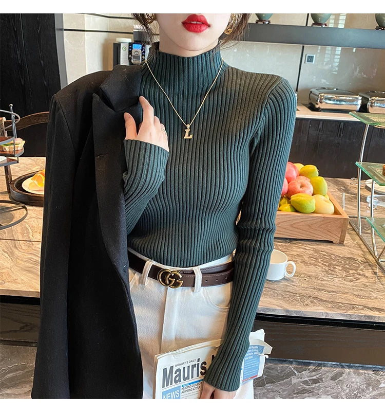 2025 Women Turtlneck Sweater Long Sleeve Casual Pullovers Elegant Solid Basic Knitted Tops Korean Fashion Simple Chic Clothes