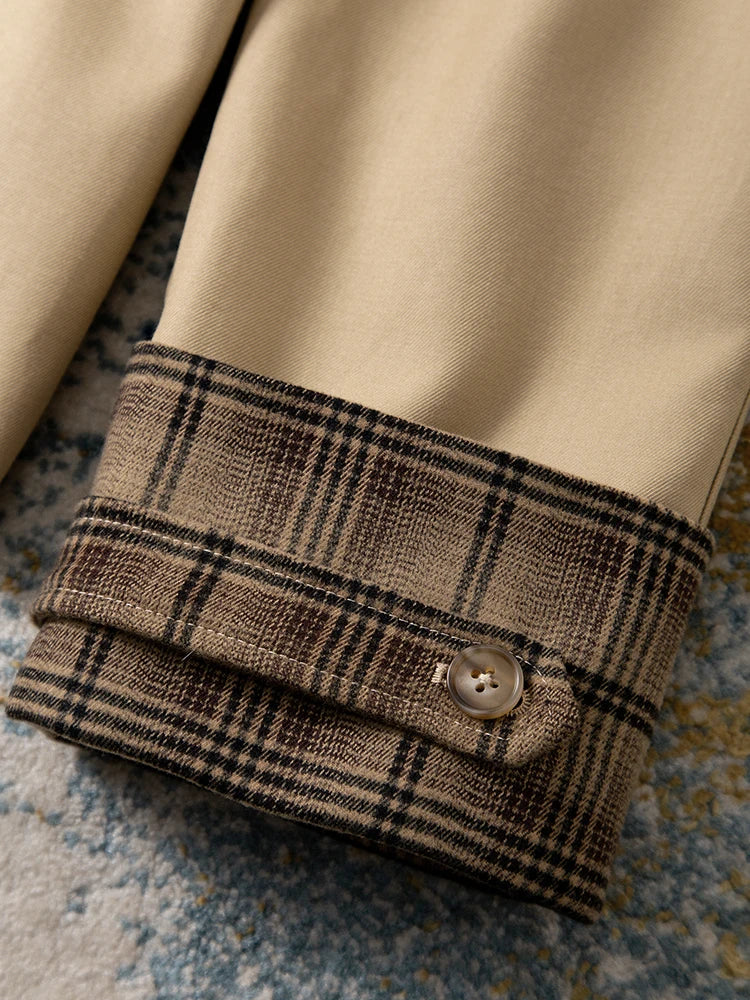 Khaki Plaid Trench Coat for Women Spring Short Loose Belted Jacket Long Sleeve Vintage Elegant Casual Outerwear