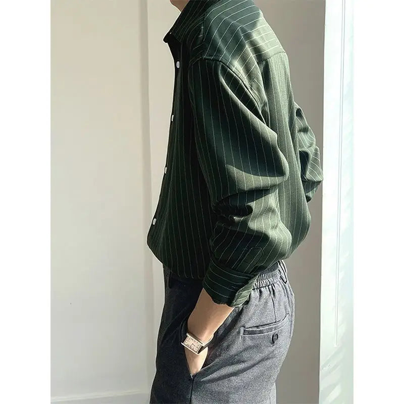 2023 New Korean Fashion Autumn Shirts Men Business Casual Neat Capable Hipster Street England Style Elegant Stripe Clothes Top