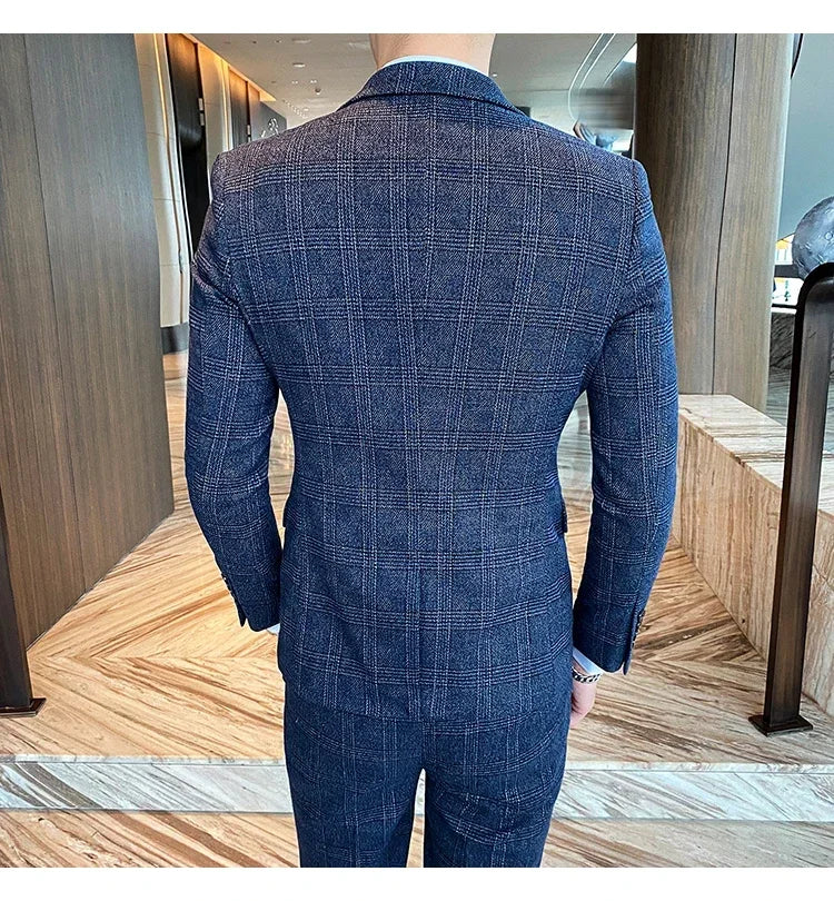 Men's Suit 3 Piece, Business Casual Jacket Vest with Trousers, Gray Dark Brown Slim Fit Suit, Asian Size M-5XL