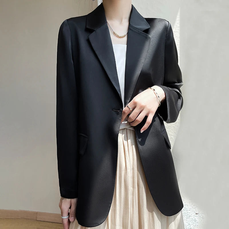 Women Blazers Spring Summer New Fashion Korean Silk Satin Suit V-neck Loose Top Jacket Single Button Suit Blazers Outerwear