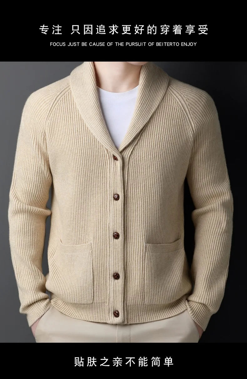 Fashion New Winter Men Knitted Luxury Buttons Cardigan Sweater Coat Long Sleeve Casual Streetwear Suit Collar Solid Vintage Coat