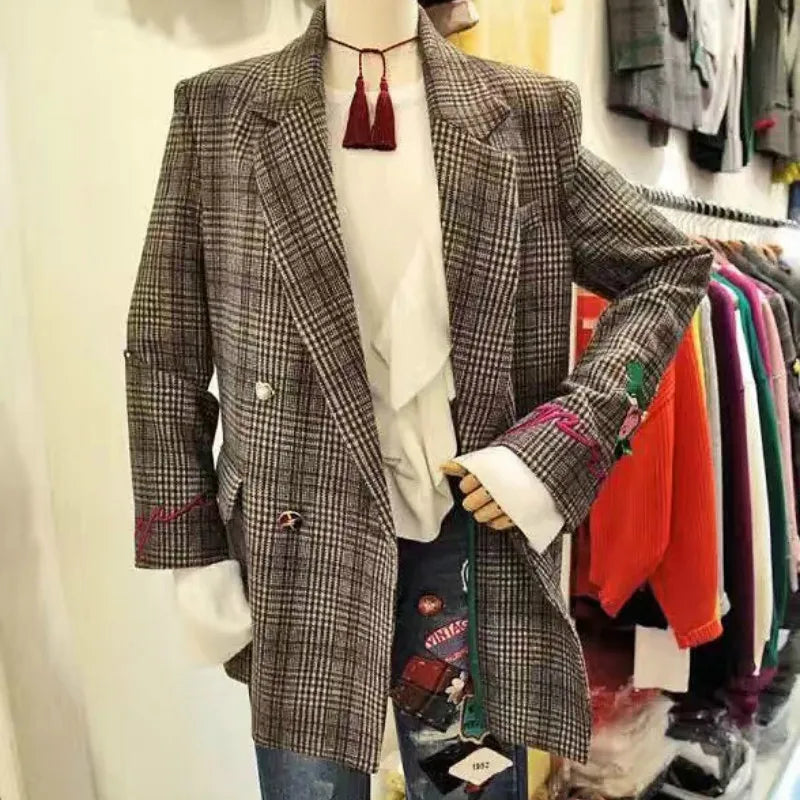 Retro Houndstooth Flower Embroidery Blazers Lapel Plaid Jacket OL Long Coat Woman Suits Loose Double-breasted Cardigan Tops