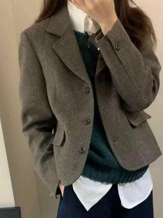 Korean Vintage Cropped Blazers Women Button Long Sleeve Elegant Office Lady Suit Jacket Female Solid Simple Casual Retro Outwear