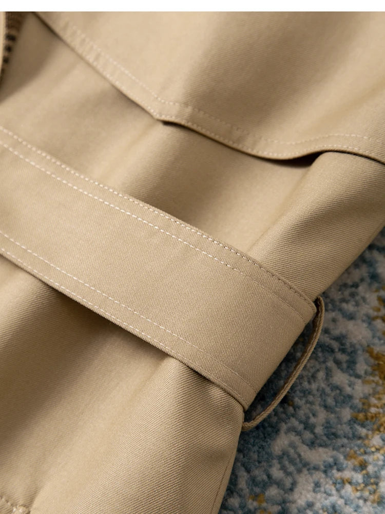 Khaki Plaid Trench Coat for Women Spring Short Loose Belted Jacket Long Sleeve Vintage Elegant Casual Outerwear