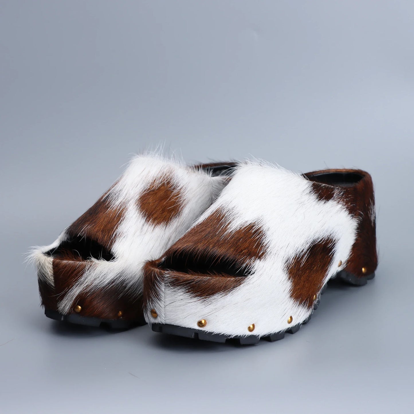 2025 Women Designer Luxury Platform Mules Real Calf Hair Leather Lined Slip On Clogs Slides Sandals Summer Fashion Comfort Shoes