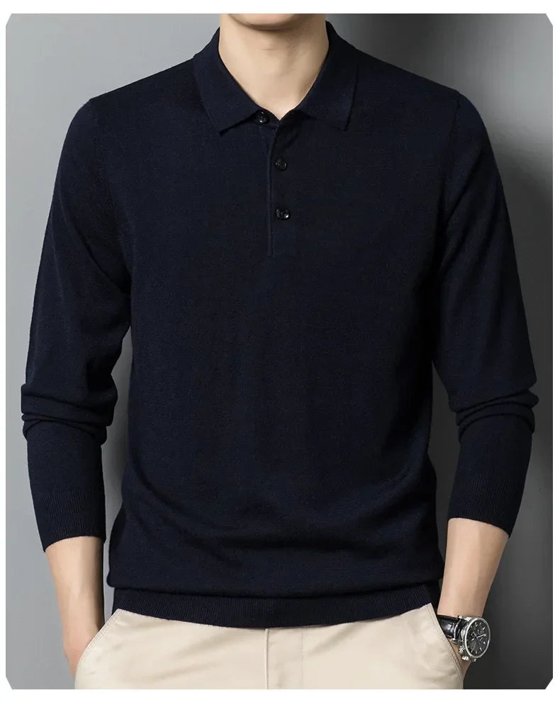 Men's Autumn Long-Sleeved Wool Blend Solid Color Polo Pullover Sweater with Lapel, Casual Bottoming Sweater -Sizes M-4XL