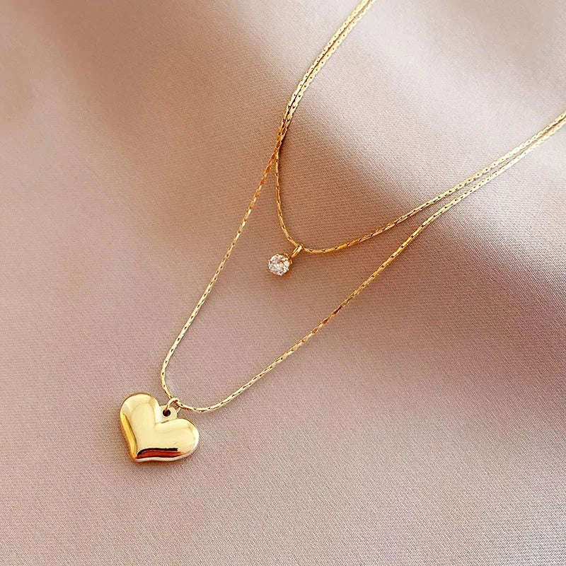 Stainless Steel 14K Gold Heart Pendant Necklace Women's Simple Chain Stylish Design Sense Jewelry Double Layer